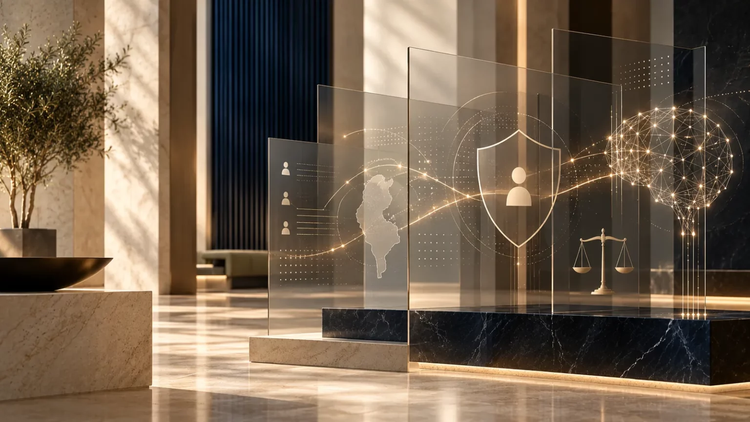 Illustration: map of Tunisia, data protection shield, scales of justice and an artificial intelligence network
